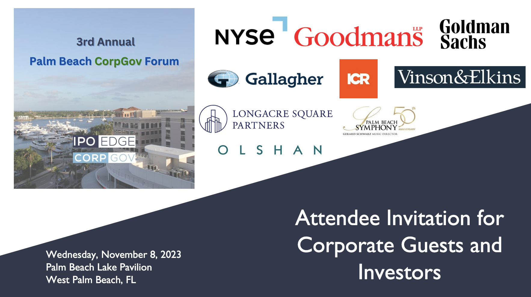 Full Agenda: 3rd Palm Beach CorpGov Forum Featuring PE Edge with NYSE,  Goodmans, Goldman Sachs Nov. 8 – IPO Edge